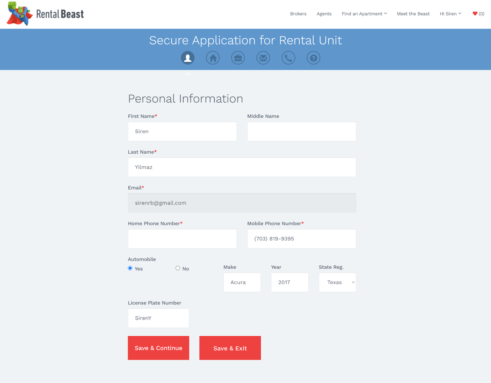 A renter on the 'peronsal information' section of an Apply Now application