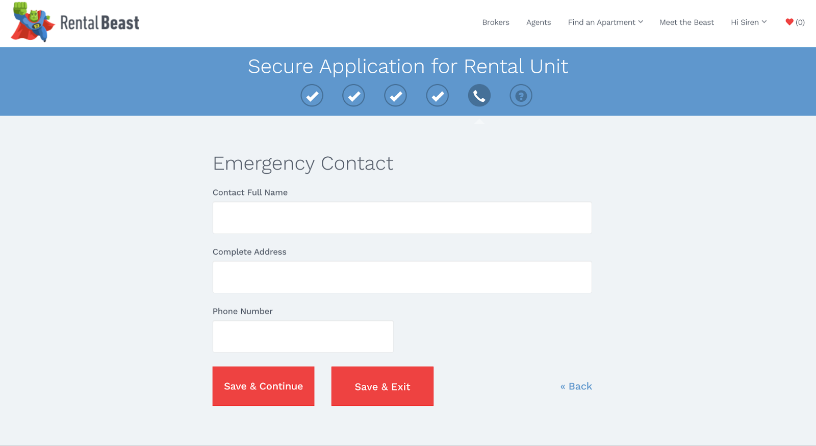 A renter on the 'emergency contacts' section of an Apply Now application