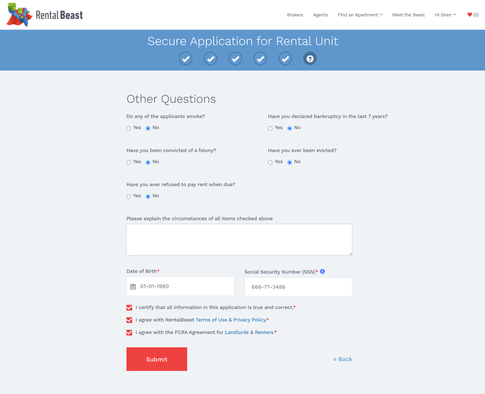 A renter on the 'other questions' section of an Apply Now application
