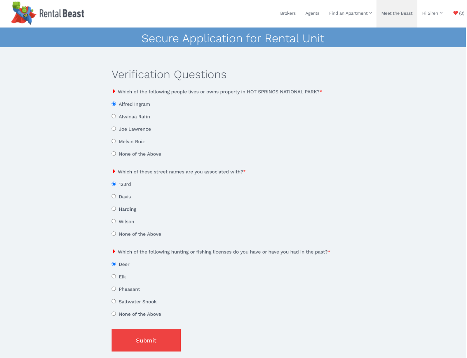 A renter on the 'verification questions' section of an Apply Now application