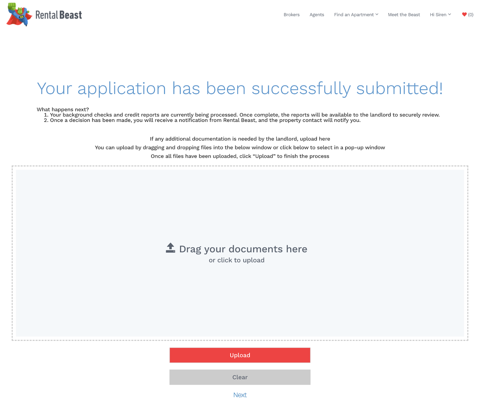 A renter on the 'application submitted' section of an Apply Now application and the ability to upload documents