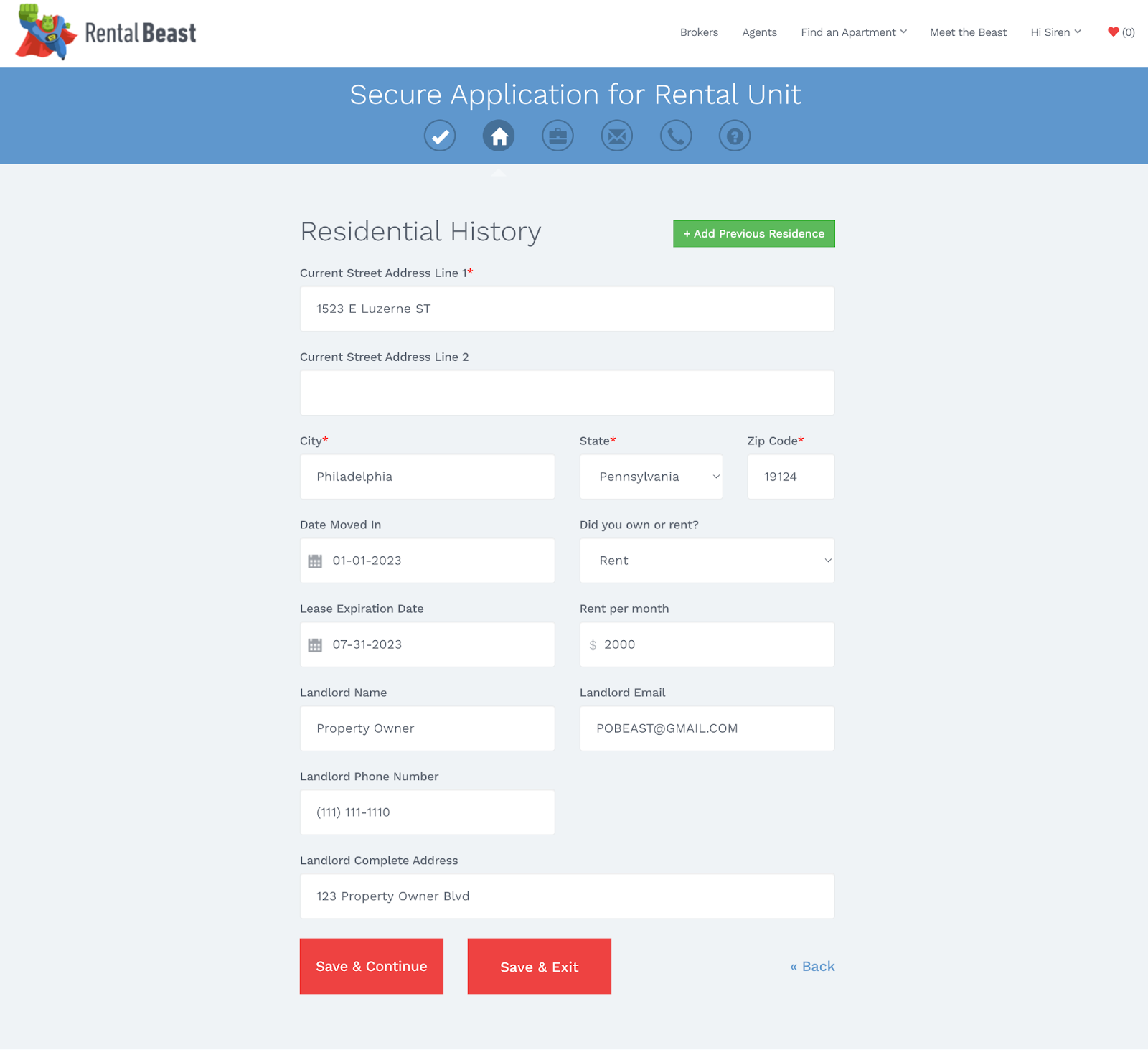 A renter on the 'residential history' section of an Apply Now application