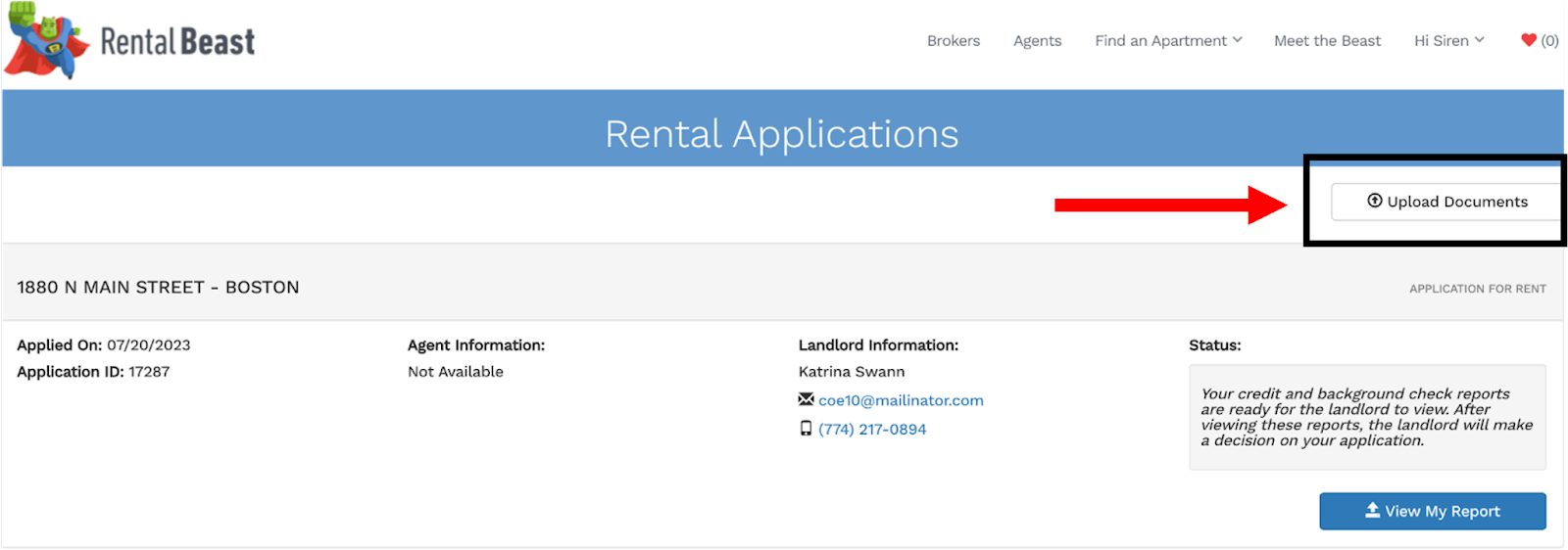 A renter on the 'applicants' page highlighting the 'upload documents' button