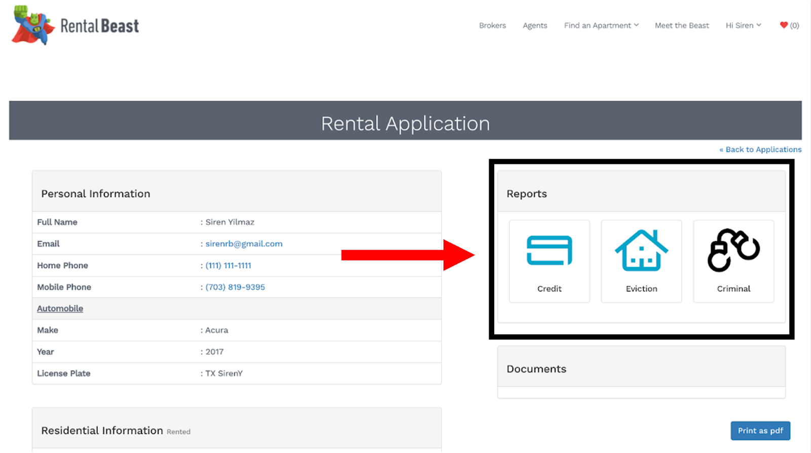 A renter viewing their application report after clicking the 'view my report' button. The page highlights the three different report buttons: credit, eviction, and criminal