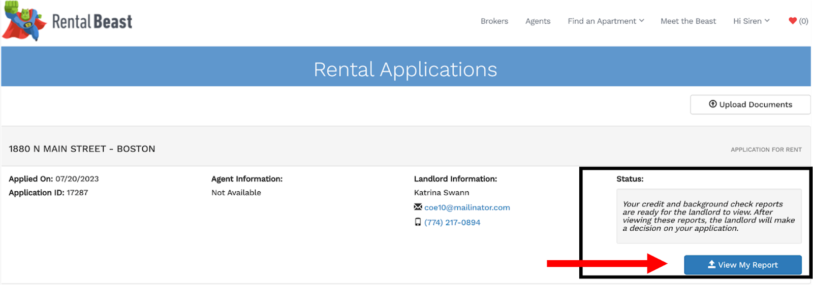 A renter on the 'applicants' page highlighting the 'view my report' button