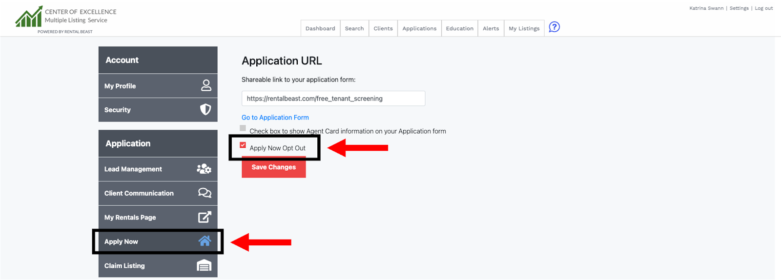A user in their account settings on the apply now tab showing the 'Apply Now Opt Out' checkbox