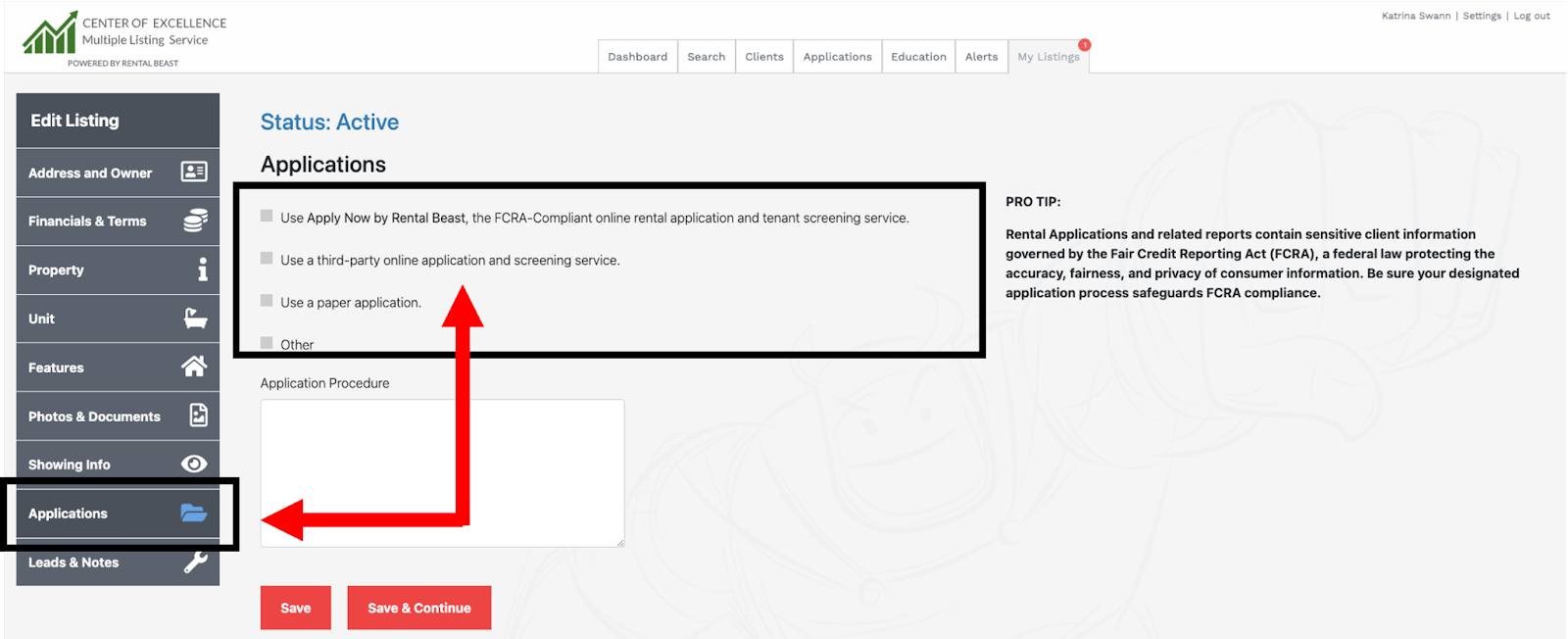 A user editing their listing and on the applications tab highlighting the four checkbox options for an application method