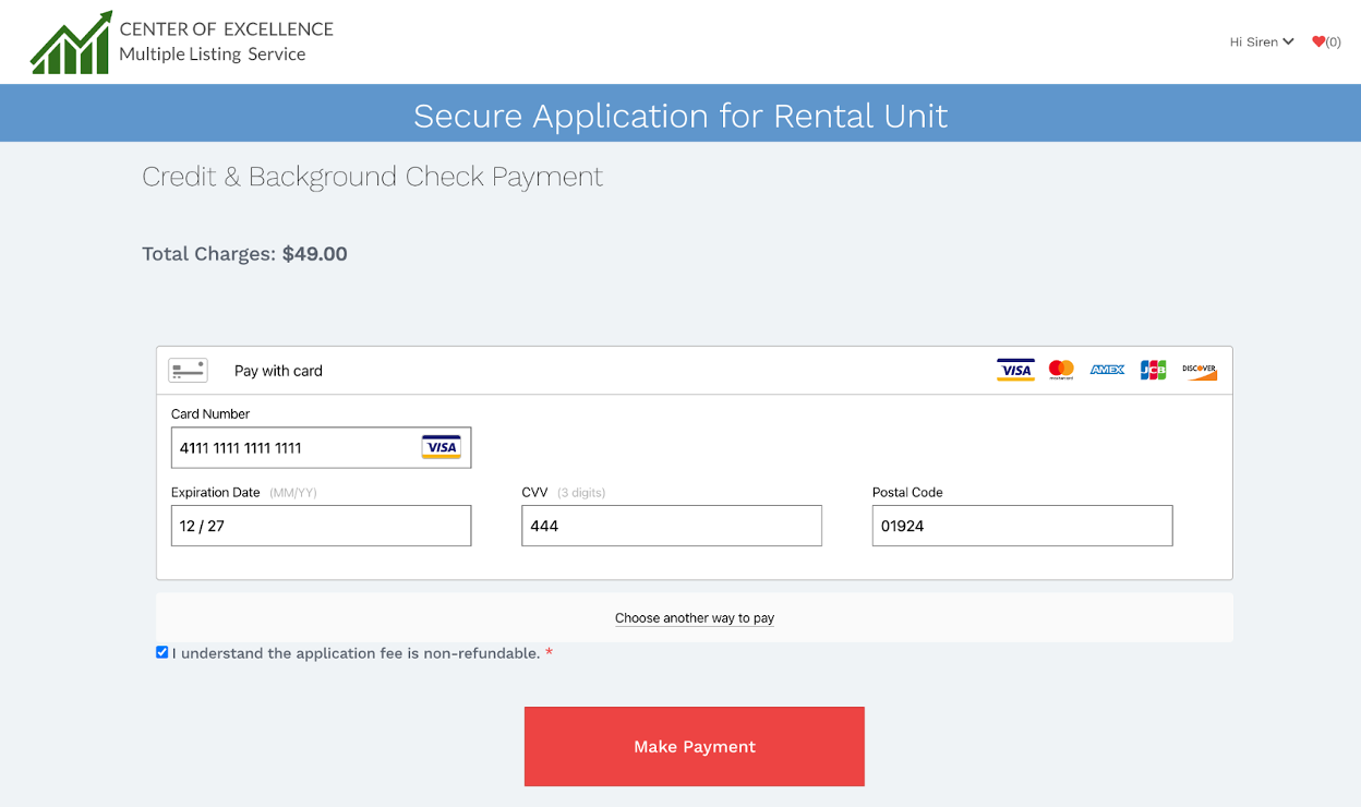 A renter on the 'credit and background' section of an Apply Now application