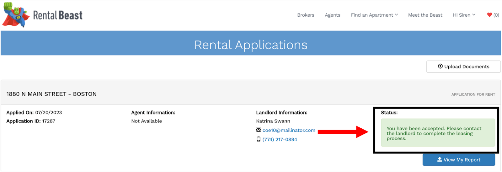 A renter on the 'applicants' page highlighting the application status