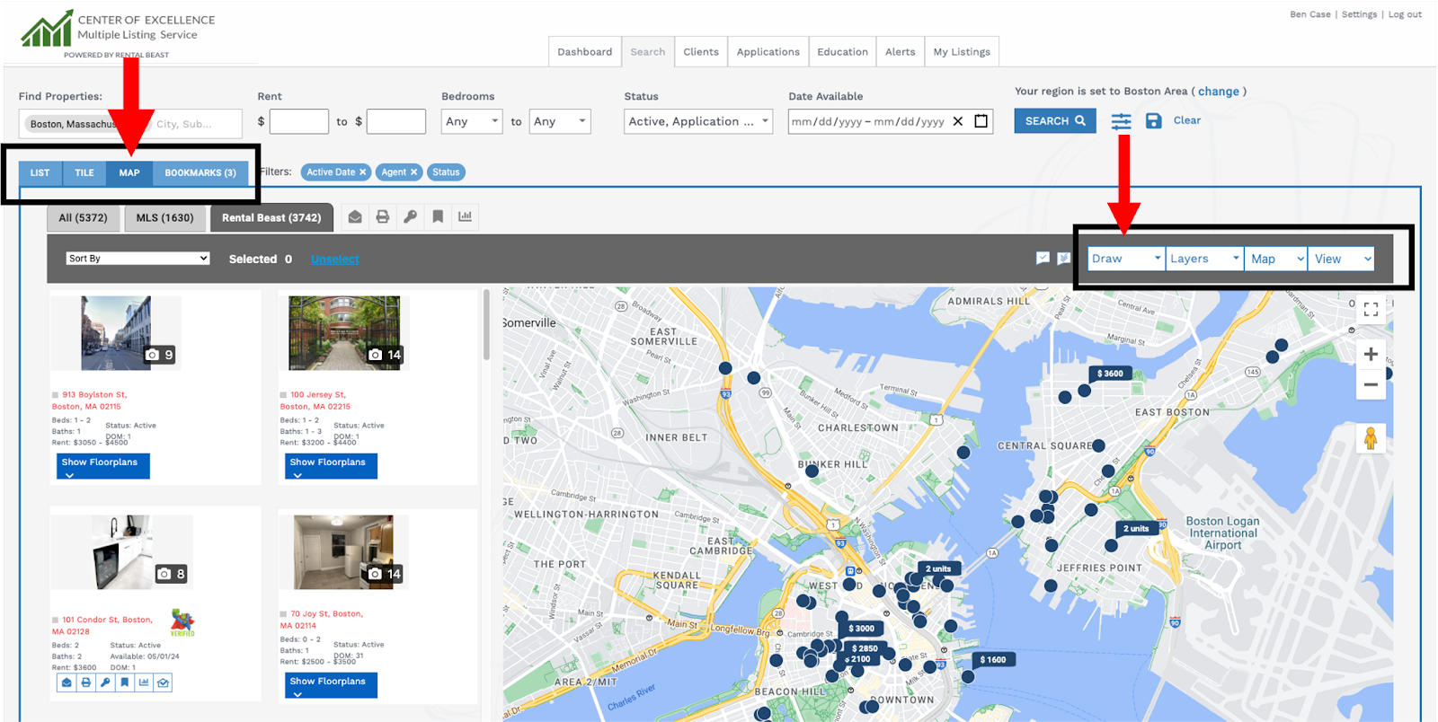 A user on the 'search' tab searching with 'map' search and highlighting the 'draw' dropdown tool