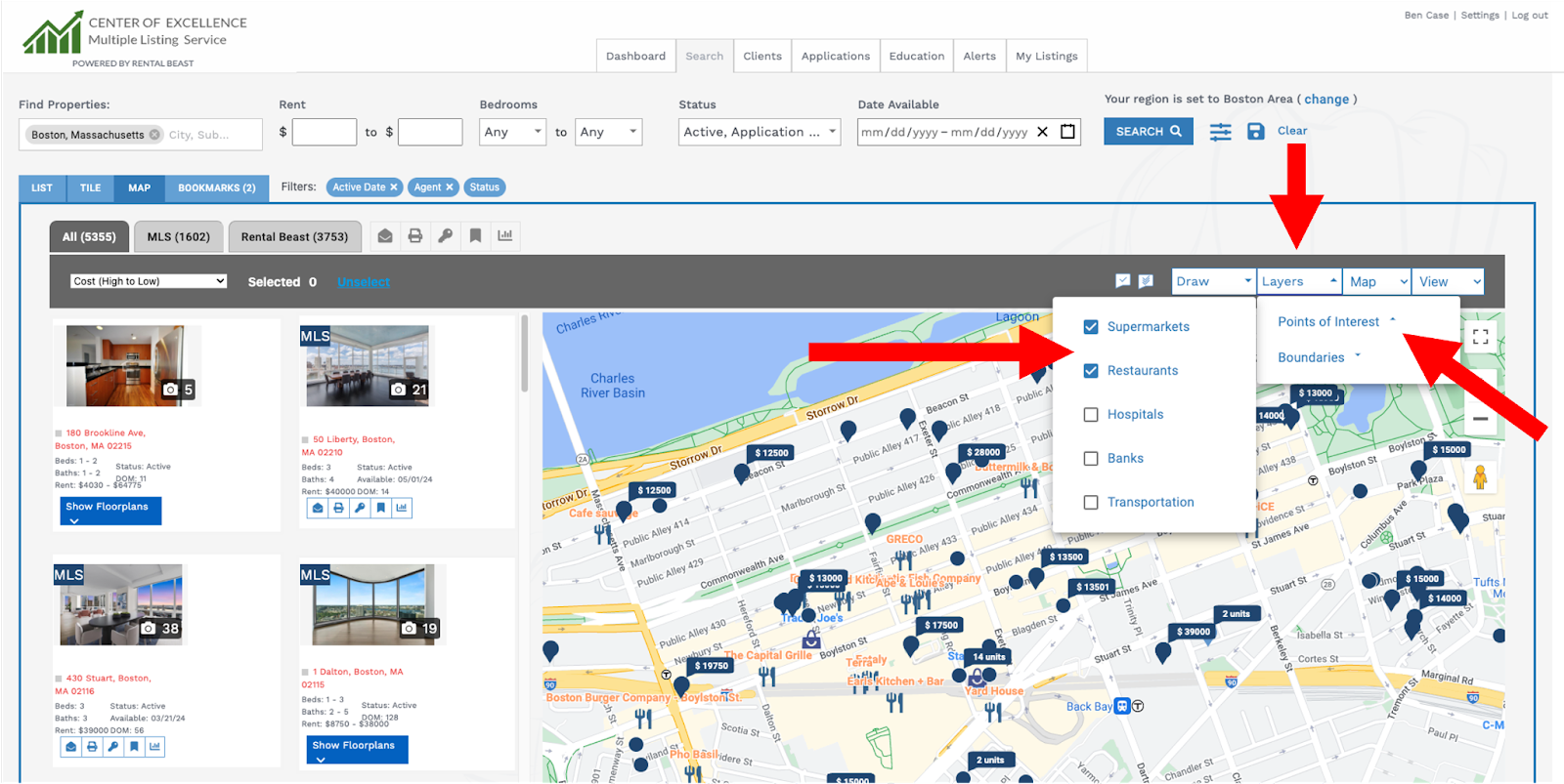 A user on the 'search' tab searching with 'map' search and highlighting the 'layers' dropdown tool