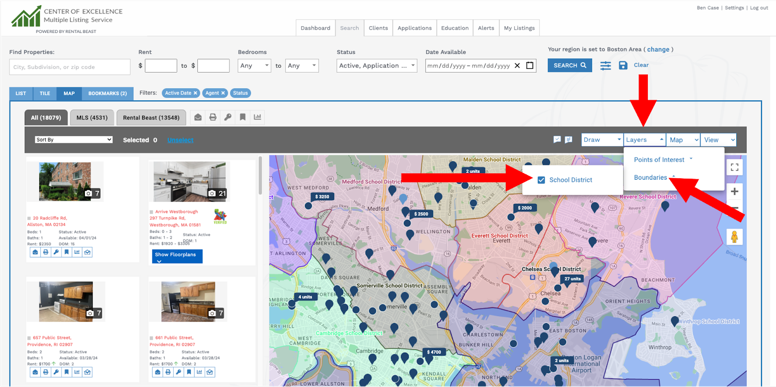 A user on the 'search' tab searching with 'map' search and highlighting the 'school district' tool in the 'layers' dropdown menu