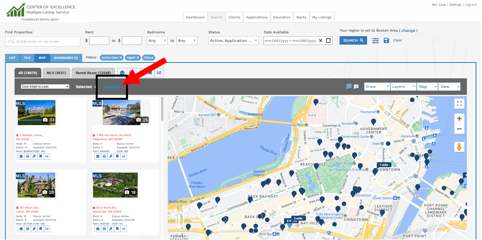 A user on the 'search' tab searching with 'map' search and highlighting the 'unselect' button