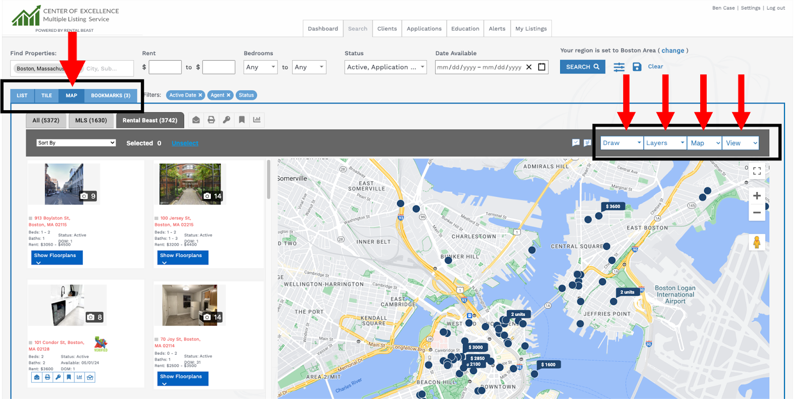 A user on the 'search' tab searching with 'map' search and highlighting the 'draw,' 'layers,' 'map,' and 'view' dropdown fields
