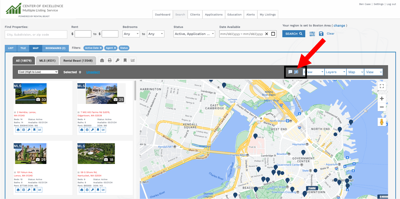 A user on the 'search' tab searching with 'map' search and highlighting the 'area select' tool