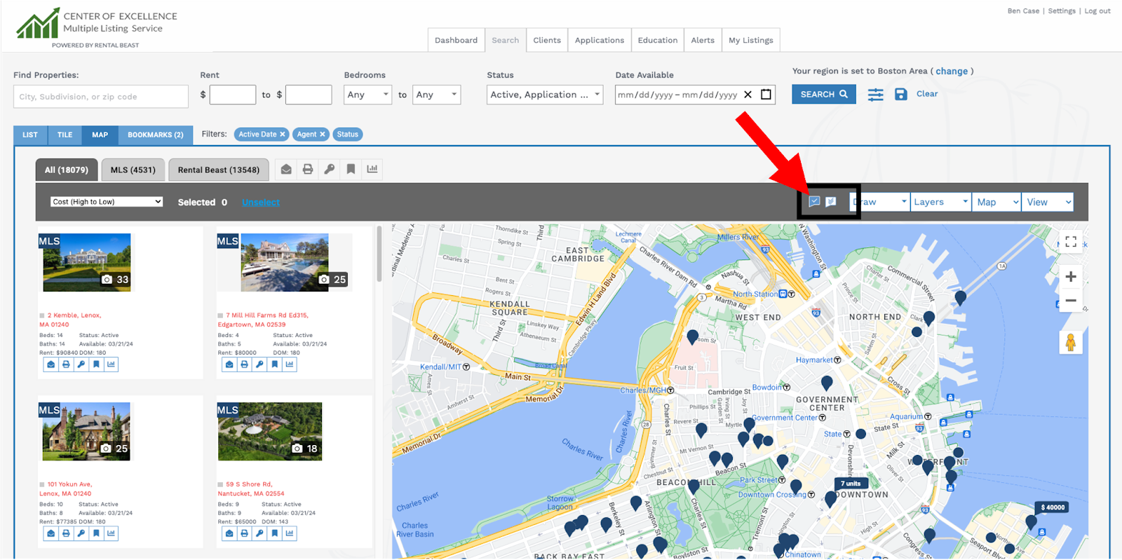 A user on the 'search' tab searching with 'map' search and highlighting the 'single select' toolwidth=