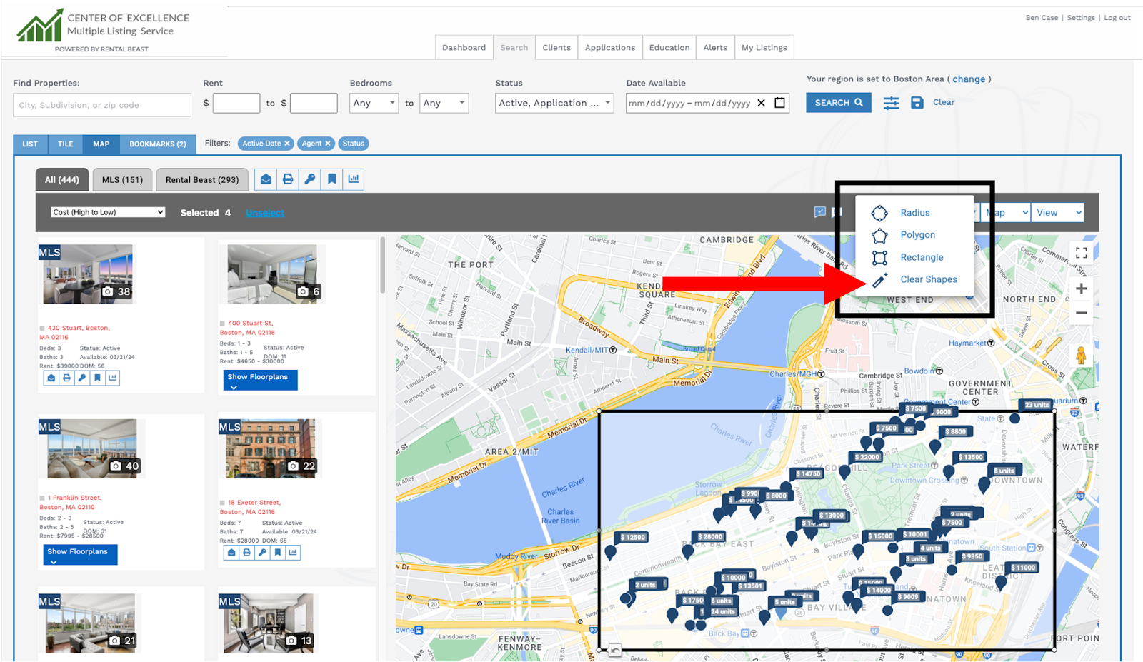 A user on the 'search' tab searching with 'map' search and highlighting the 'clear shapes' button inside the 'draw' dropdown menu