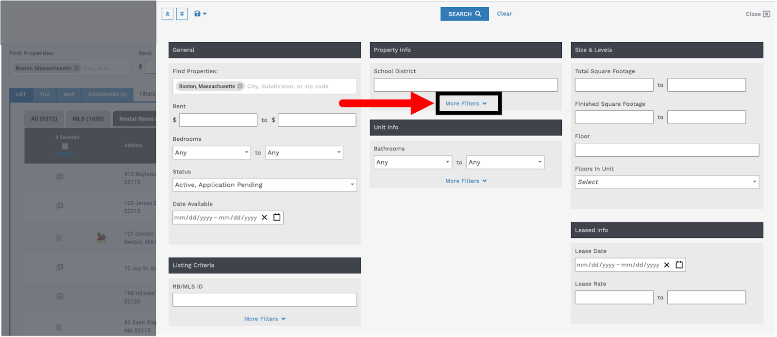 A user on the 'advanced search' page highlighting the 'property info' section and the 'more filters' dropdown