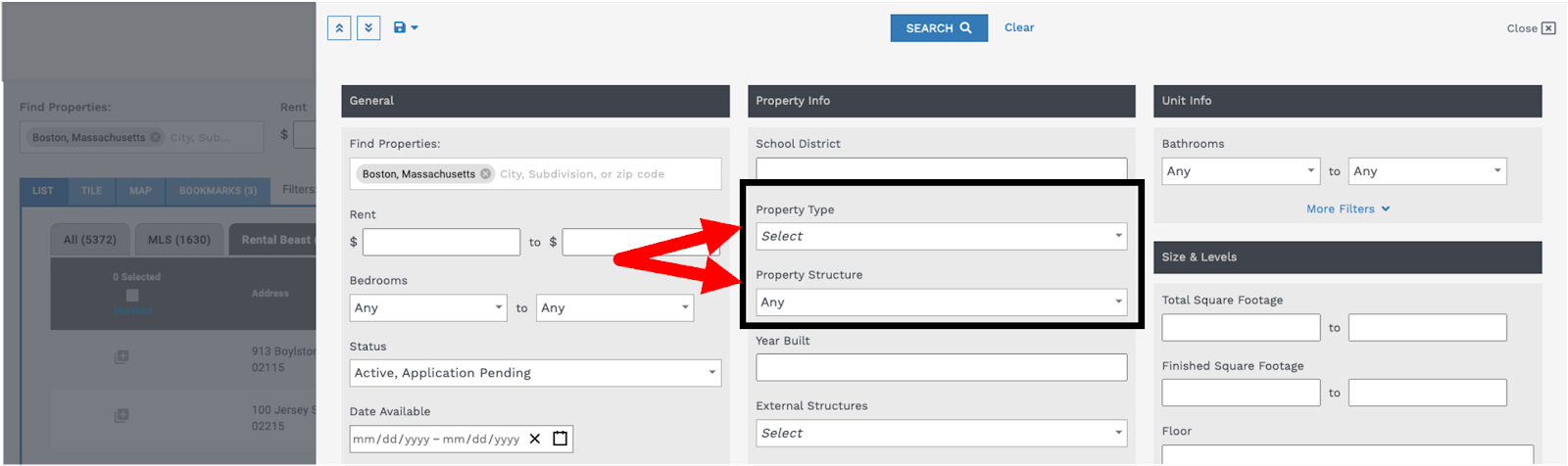 A user on the 'advanced search' page in the 'property info' section highlighting the 'property type' and 'property structure' dropdowns