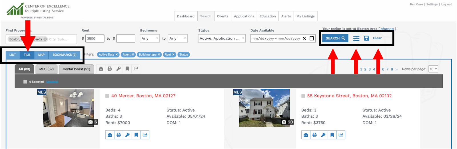 A user on the 'search' tab who ran a search and is viewing the listings using 'Tile' view