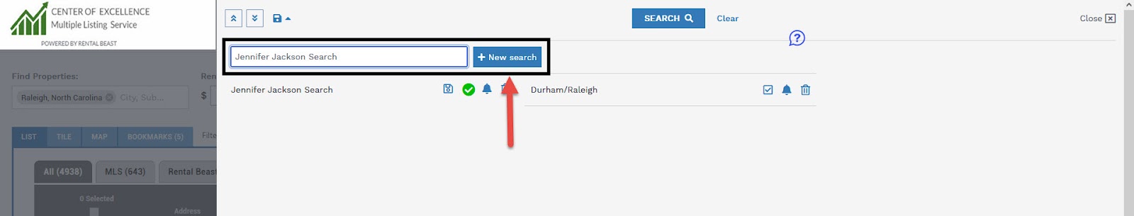 A user redirected after clicking the 'disc' icon on the 'search' tab. The new page highlights where to name the search and the '+ new search' button