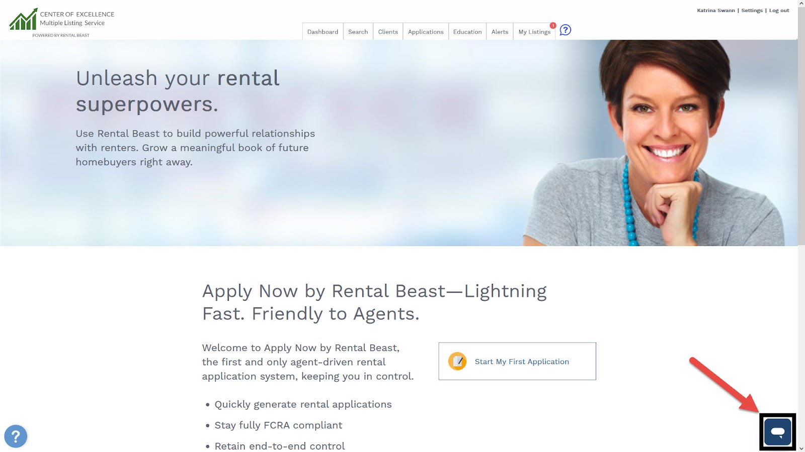 A user on the Rental Beast main dashboard highlighting the 'chat' icon to initiate a chat with customer support