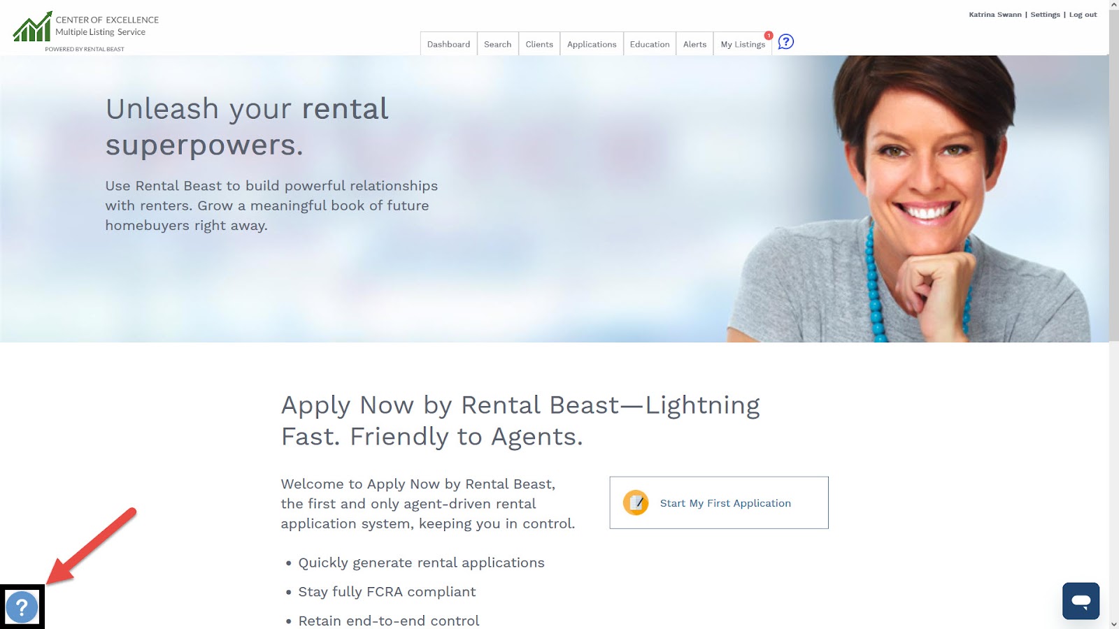 A user on the Rental Beast main dashboard highlighting the 'question mark' icon to open the self-service tutorial center