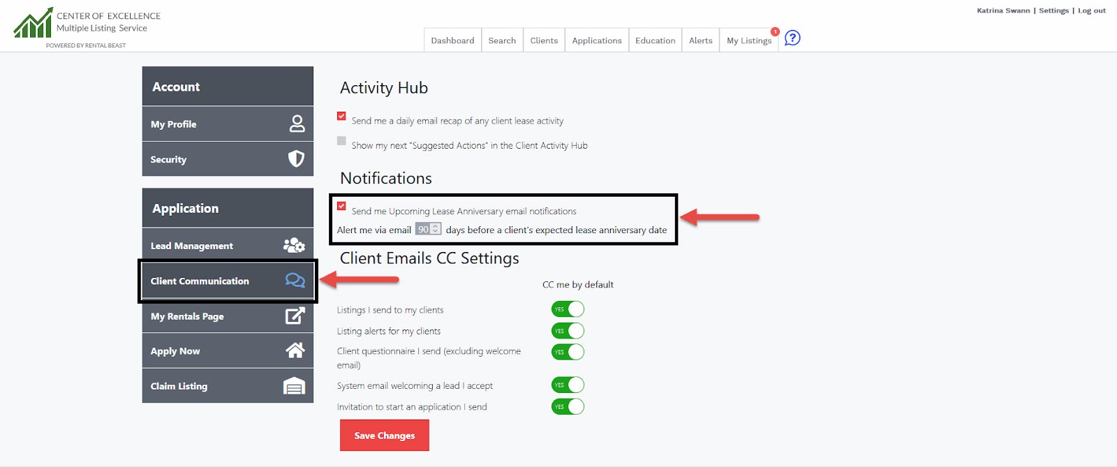 A user in 'Settings' on the 'client communication' tab highlighting the checkbox to enable an upcoming lease anniversary email
