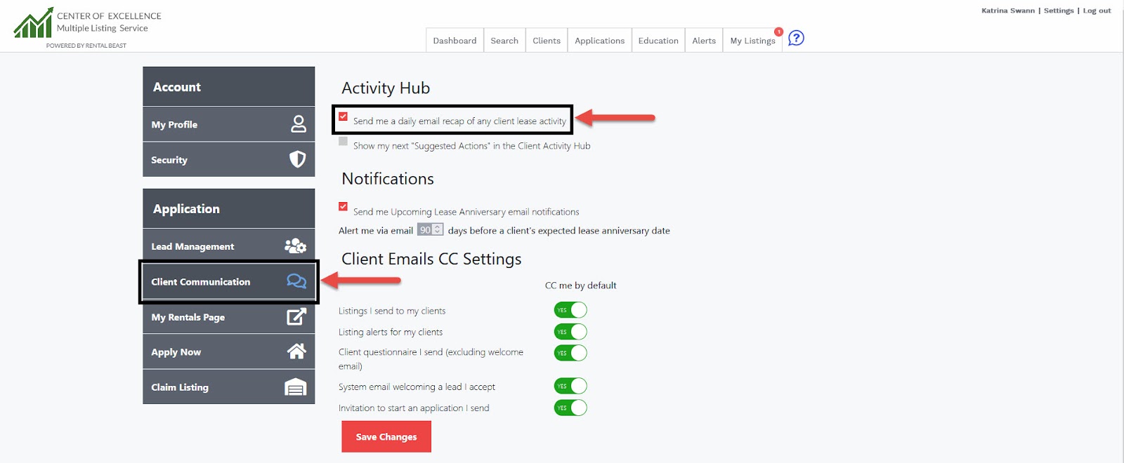 A user in 'Settings' on the 'client communication' tab highlighting the checkbox to enable a daily email recap of any client lease activity