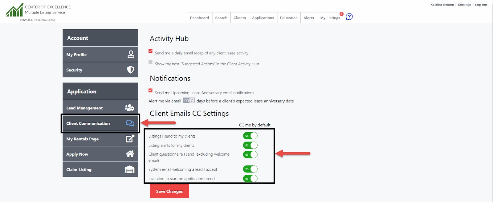 A user in 'Settings' on the 'client communication' tab highlighting the five different checkbox to get cc'd on different client emails