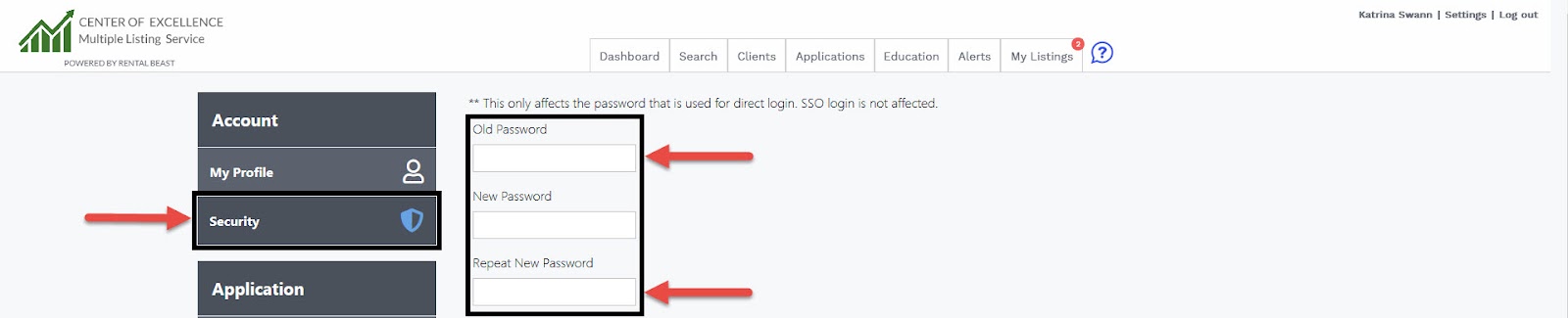 A user in 'Settings' on the 'security' tab highlighting the old and new password fields