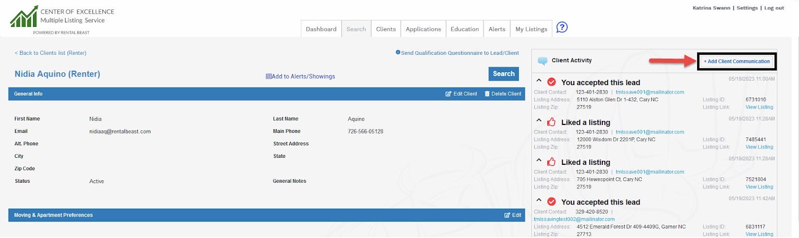 A user on the 'client' tab highlighting the '+Add Client Communication' button