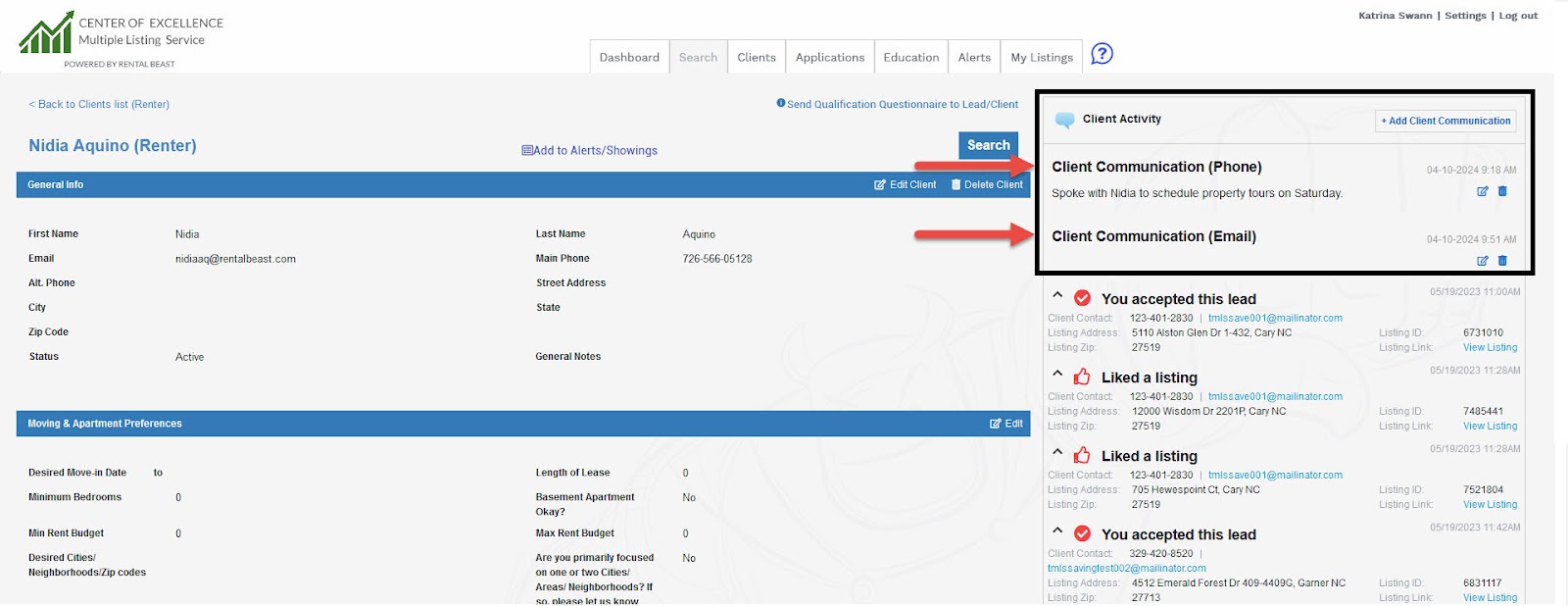 A user on the 'client' tab highlighting logged client email and phone call records