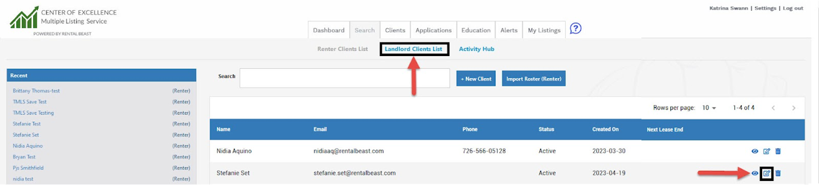 A user on the 'client' tab viewing contacts in the 'landlord client list' and highlighting the 'edit client' button
