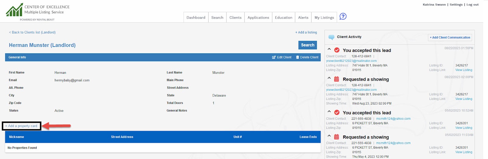 A user inside a landlord client's profile and highlighting the '+Add a property card' button