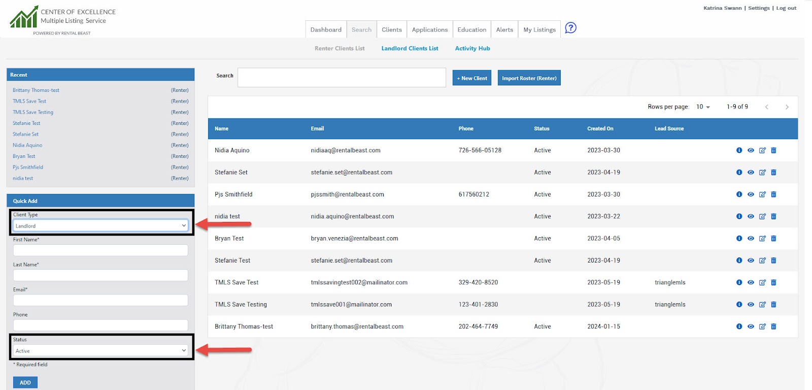 A user on the 'client' tab using 'quick add' to add a new landlord client