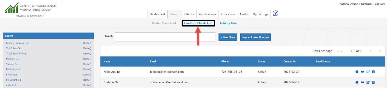 A user on the 'client' tab highlighting the 'landlord client list'