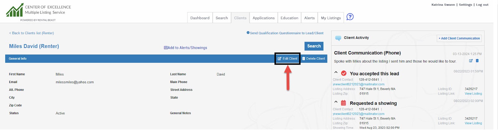 A user in a renter client's profile highlighting the 'edit client' button