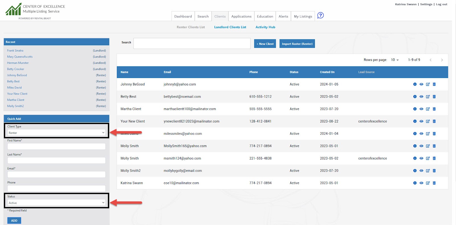 A user on the 'client' tab using 'quick add' to add a new renter client