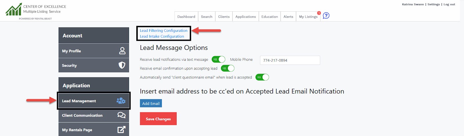 A user in their account settings on the 'lead management' tab highlighting the 'lead filtering configuration' hyperlink