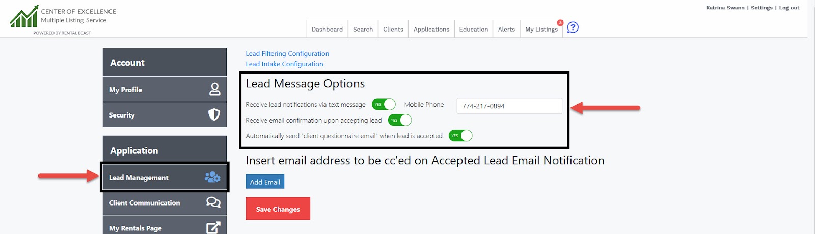 A user in their account settings on the 'lead filtering' page highlighting the 'receive lead notifications via text message' toggle set to yes
