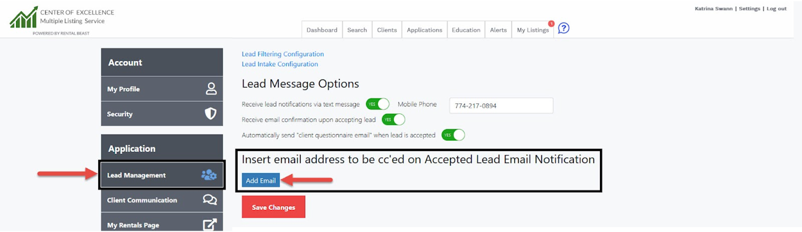 A user in their account settings on the 'lead filtering' page highlighting the 'add email' button to add an email address to be cc'd on accepted lead notifications