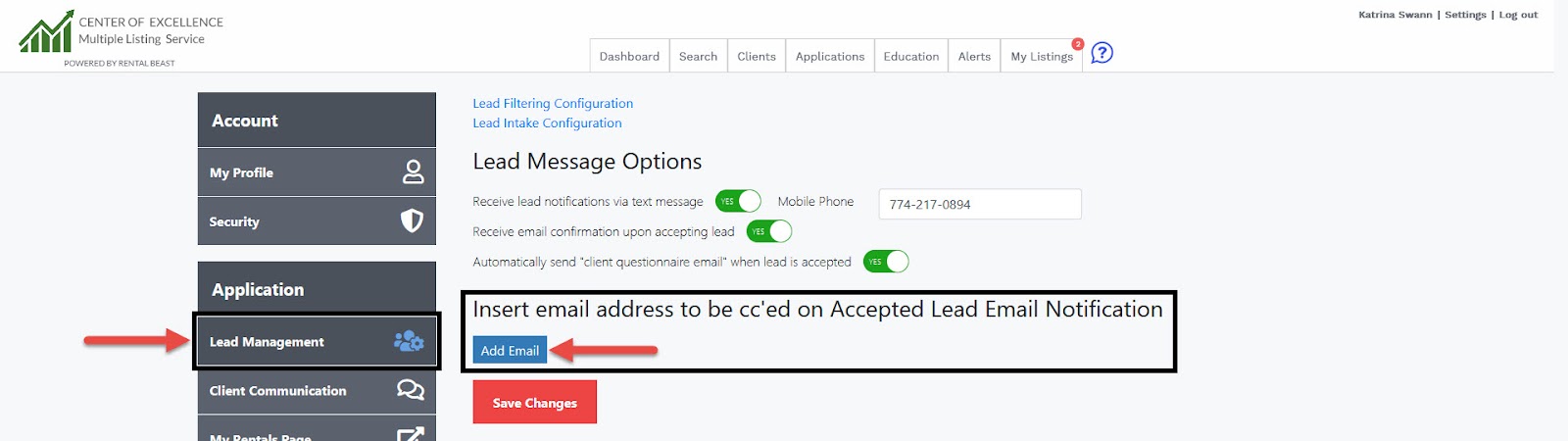 A user in their account settings on the 'lead filtering' page highlighting the 'add email' button to add an email address to be cc'd on accepted lead notifications