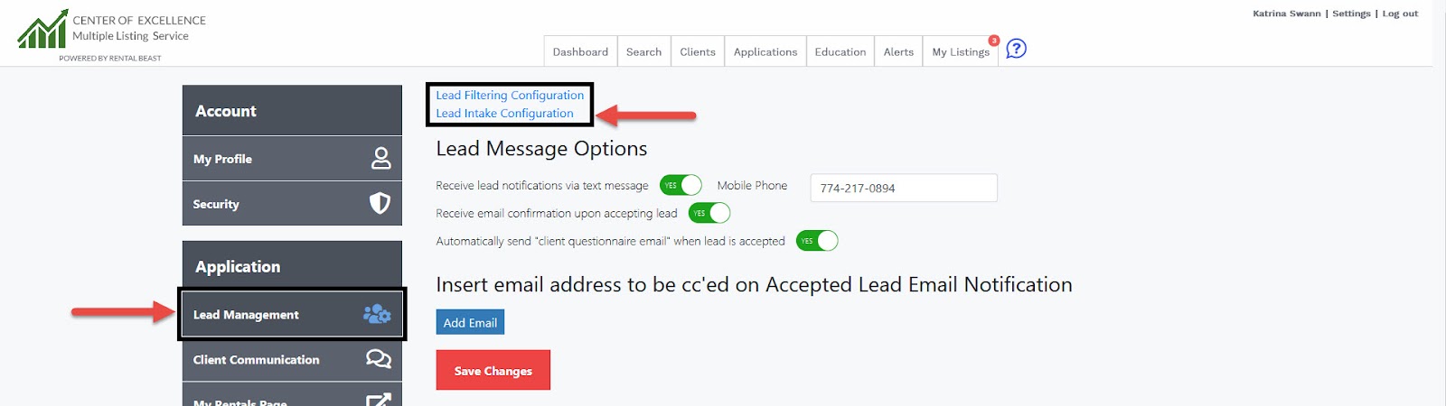 A user in their account settings on the 'lead management' tab highlighting the 'lead intake configuration' hyperlink