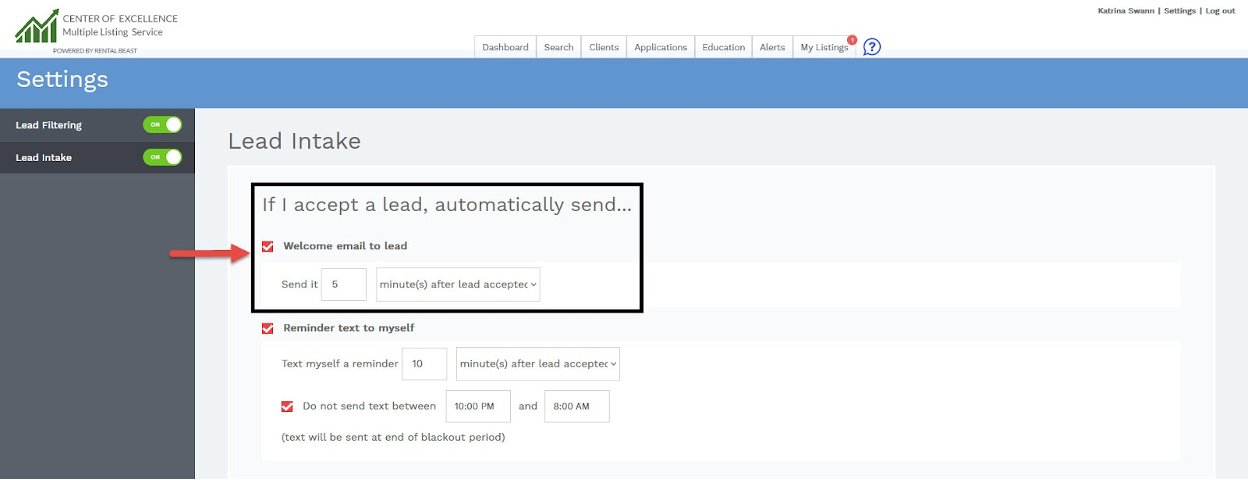 A user in their account settings on the 'lead intake' page highlighting the 'welcome email to lead' checkbox selected