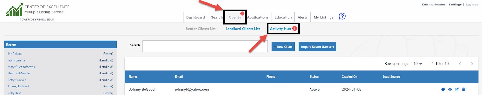 A user in the 'client' tab on the 'Activity Hub' page highlighting the numerical alert to indicate to an agent there is a new client alert to view