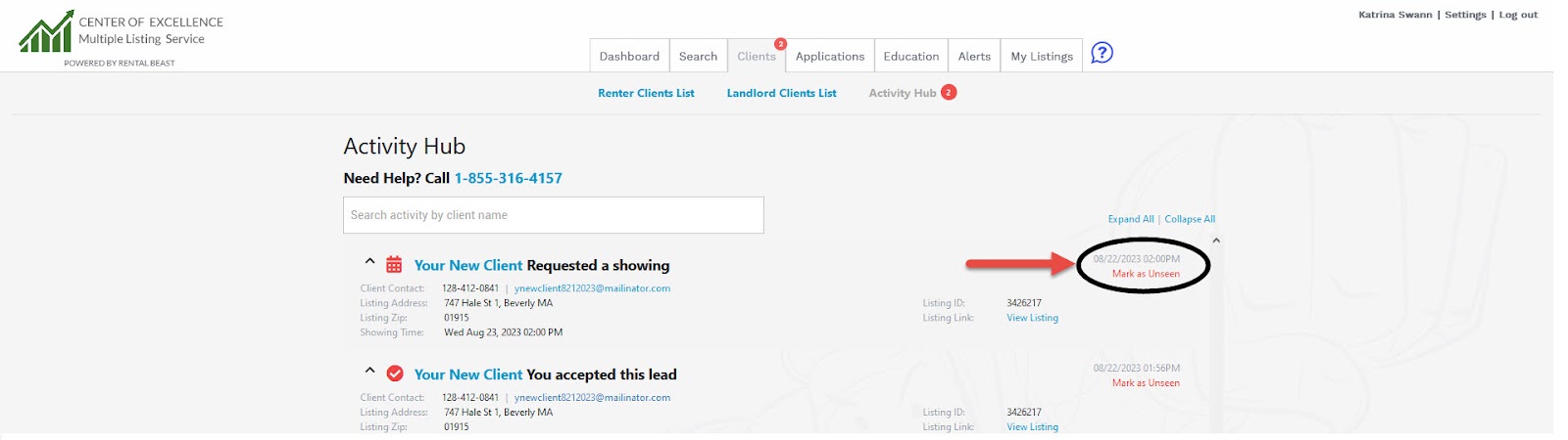 A user in the 'client' tab on the 'Activity Hub' page highlighting the 'mark as unseen' button