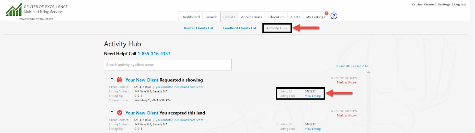 A user in the 'client' tab on the 'Activity Hub' page highlighting the 'view listing' button