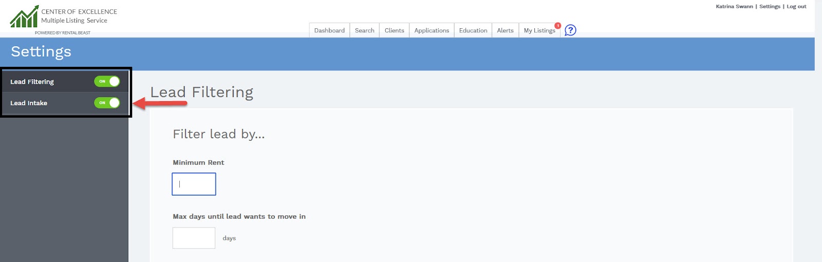 A user in their account settings on the 'lead intake' page highlighting the 'lead intake' toggle set to on