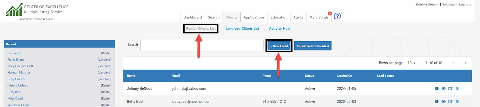 A user on the 'client' tab highlighting the '+New Client' button